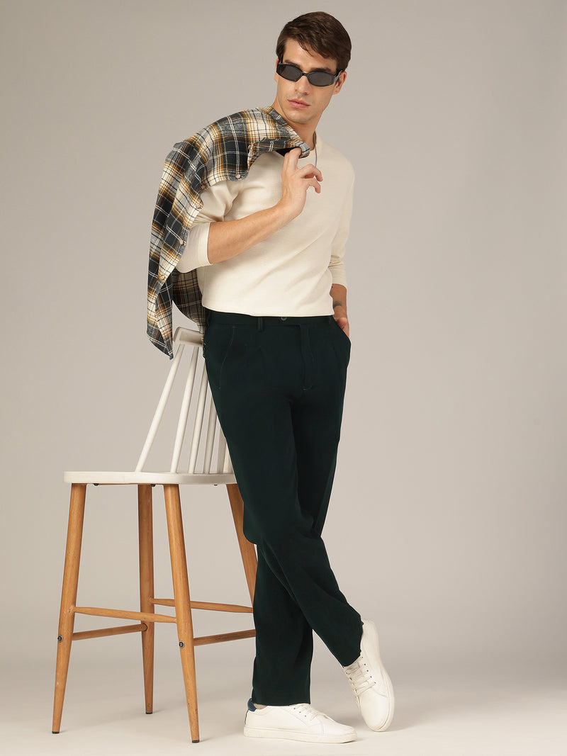 Bottle Green: Korean Baggy Fit Double Pleated Casual Trouser