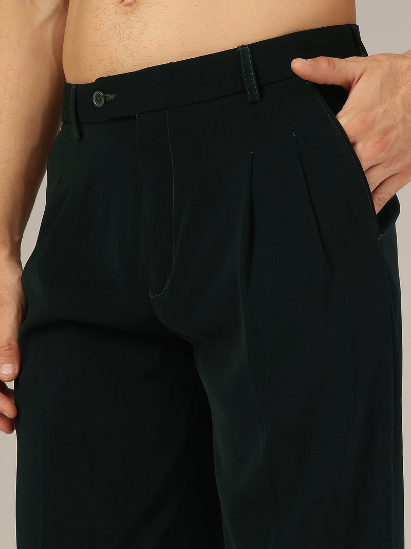 Bottle Green: Korean Baggy Fit Double Pleated Casual Trouser