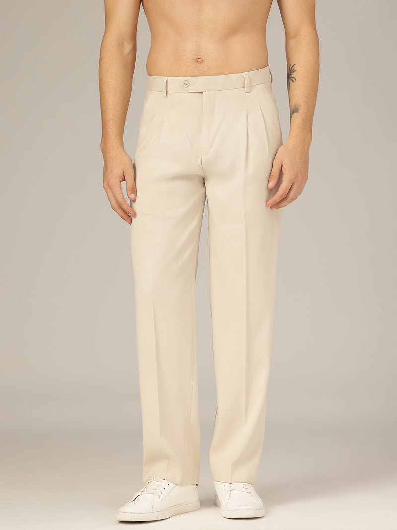 Beige: Korean Baggy Fit Double Pleated Casual Trouser