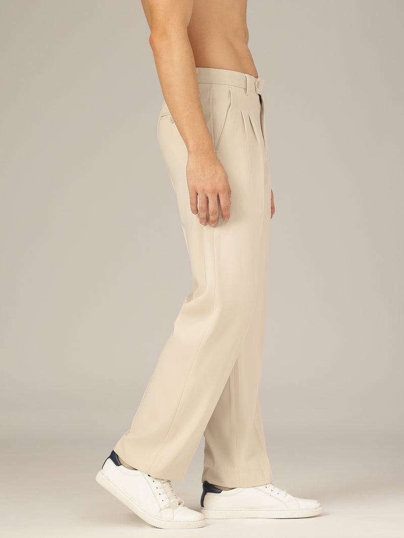 Beige: Korean Baggy Fit Double Pleated Casual Trouser
