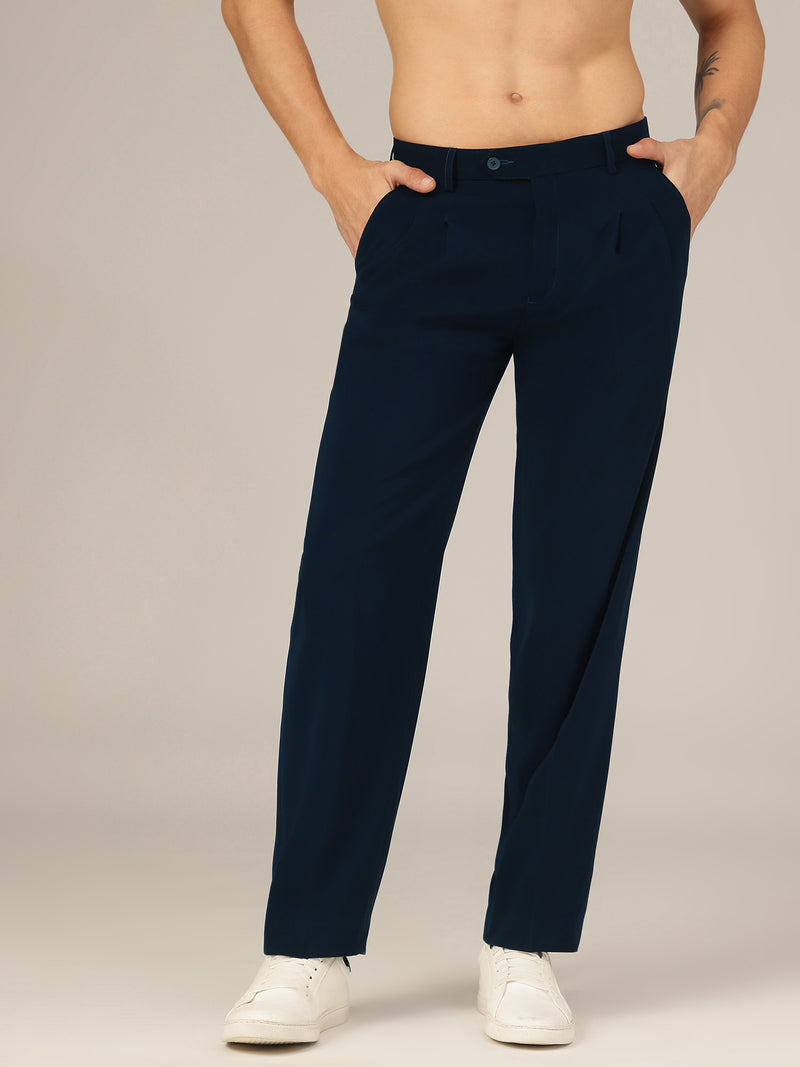 Teal Blue: Korean Baggy Fit Double Pleated Casual Trouser