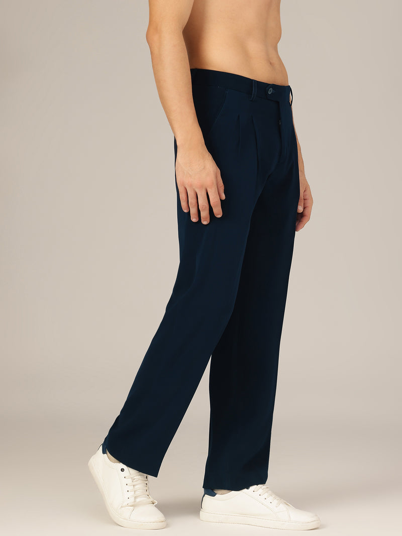 Teal Blue: Korean Baggy Fit Double Pleated Casual Trouser
