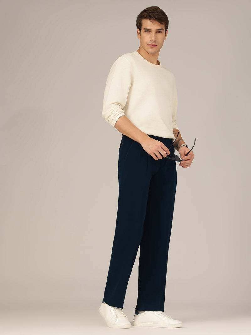Teal Blue: Korean Baggy Fit Double Pleated Casual Trouser