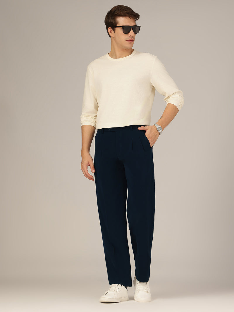 Teal Blue: Korean Baggy Fit Double Pleated Casual Trouser