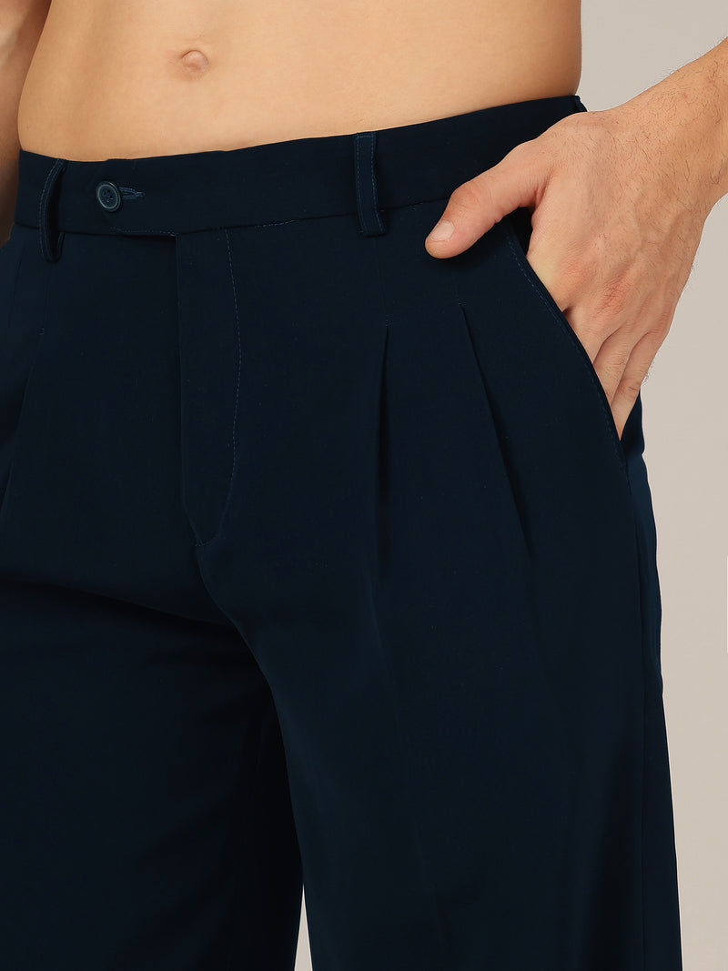 Teal Blue: Korean Baggy Fit Double Pleated Casual Trouser
