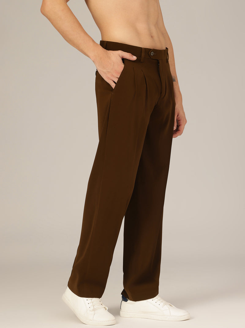 Dark Camel: Korean Baggy Fit Double Pleated Casual Trouser