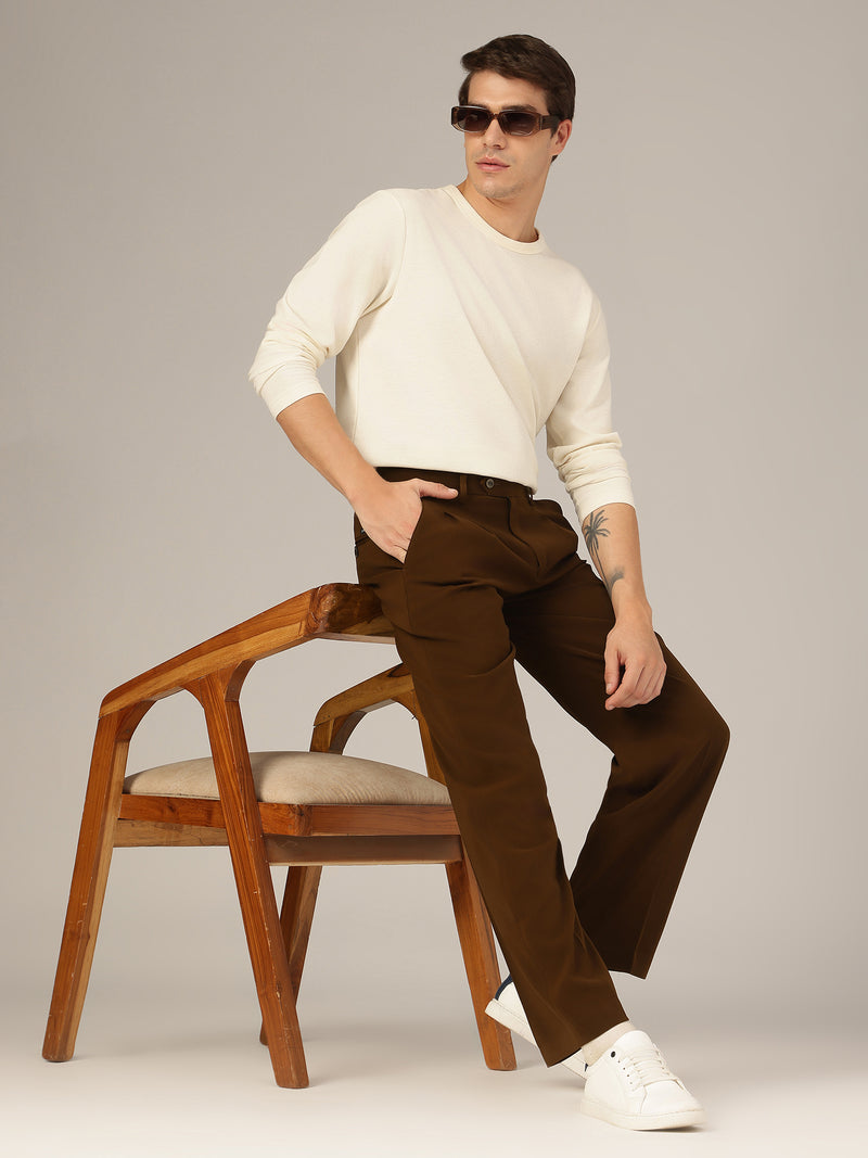 Dark Camel: Korean Baggy Fit Double Pleated Casual Trouser