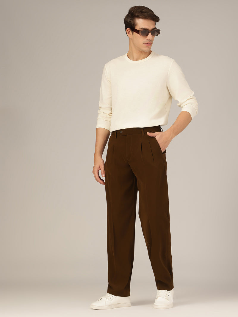 Dark Camel: Korean Baggy Fit Double Pleated Casual Trouser