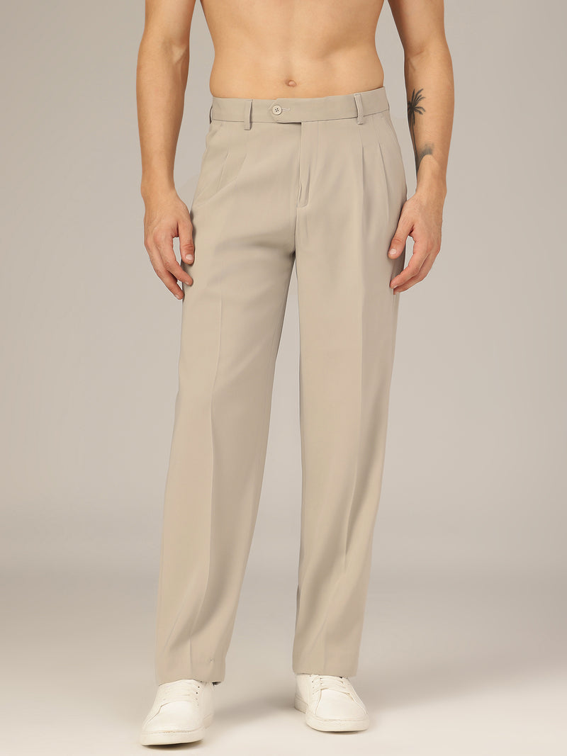 Grey: Korean Baggy Fit Double Pleated Casual Trouser