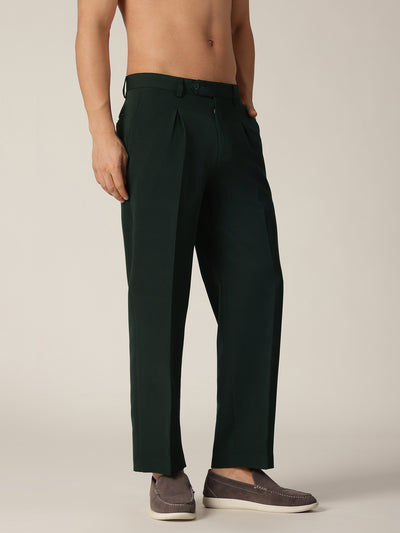 Dark Green: Korean Baggy Fit inverted Pleated Casual Trouser