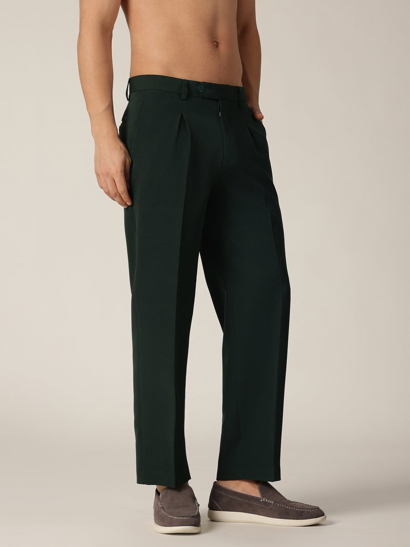 Dark Green: Korean Baggy Fit inverted Pleated Casual Trouser