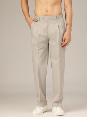 Silver Grey: Korean Textured Baggy Fit Pleated Casual Trouser