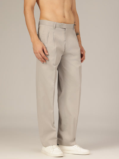 Silver Grey: Korean Textured Baggy Fit Pleated Casual Trouser