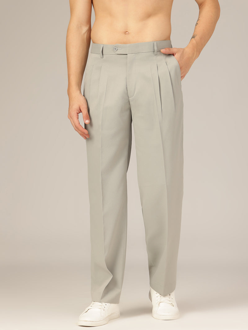 Light Grey: Korean Textured Baggy Fit Pleated Casual Trouser