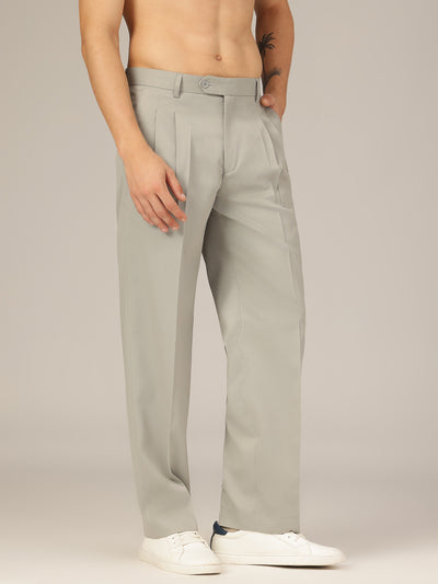 Light Grey: Korean Textured Baggy Fit Pleated Casual Trouser