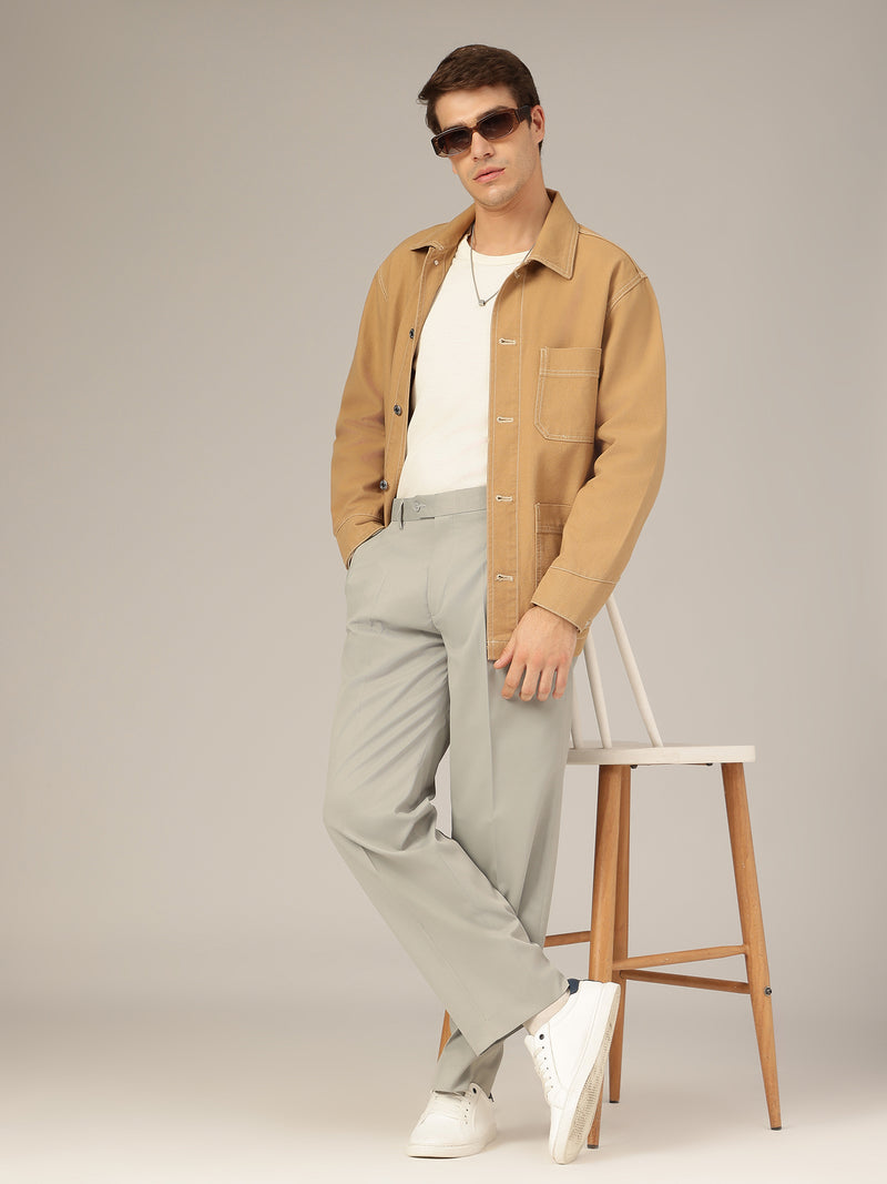 Light Grey: Korean Textured Baggy Fit Pleated Casual Trouser