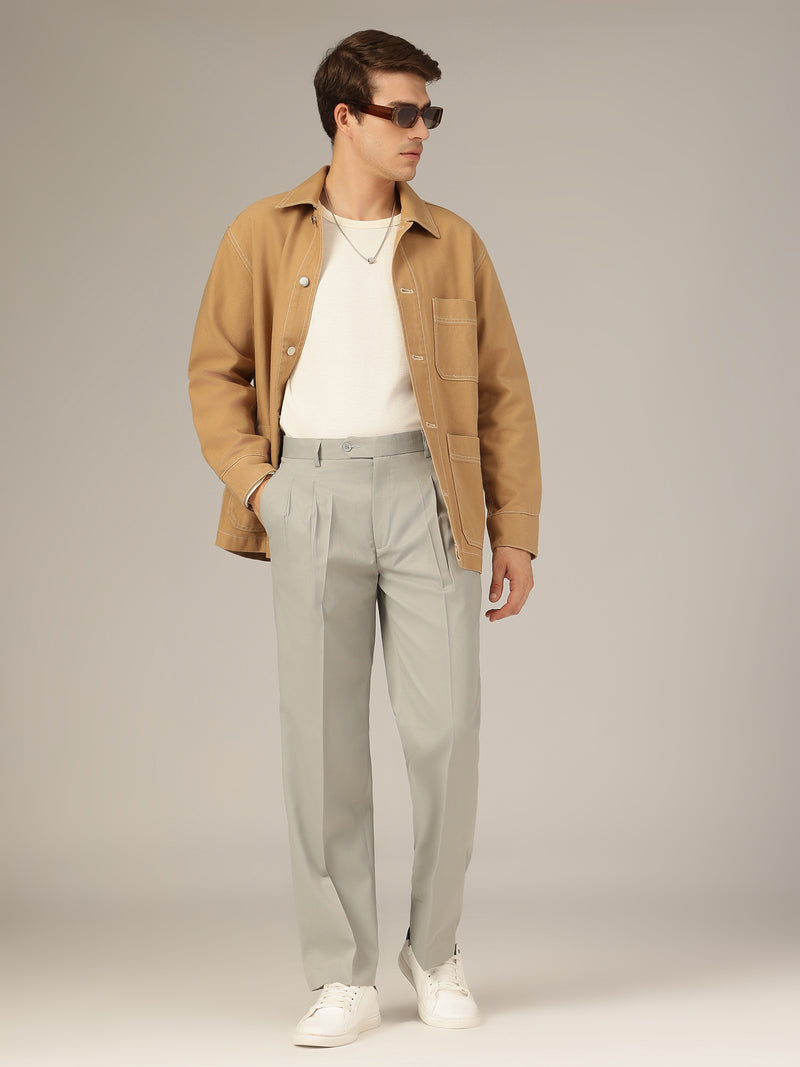 Light Grey: Korean Textured Baggy Fit Pleated Casual Trouser