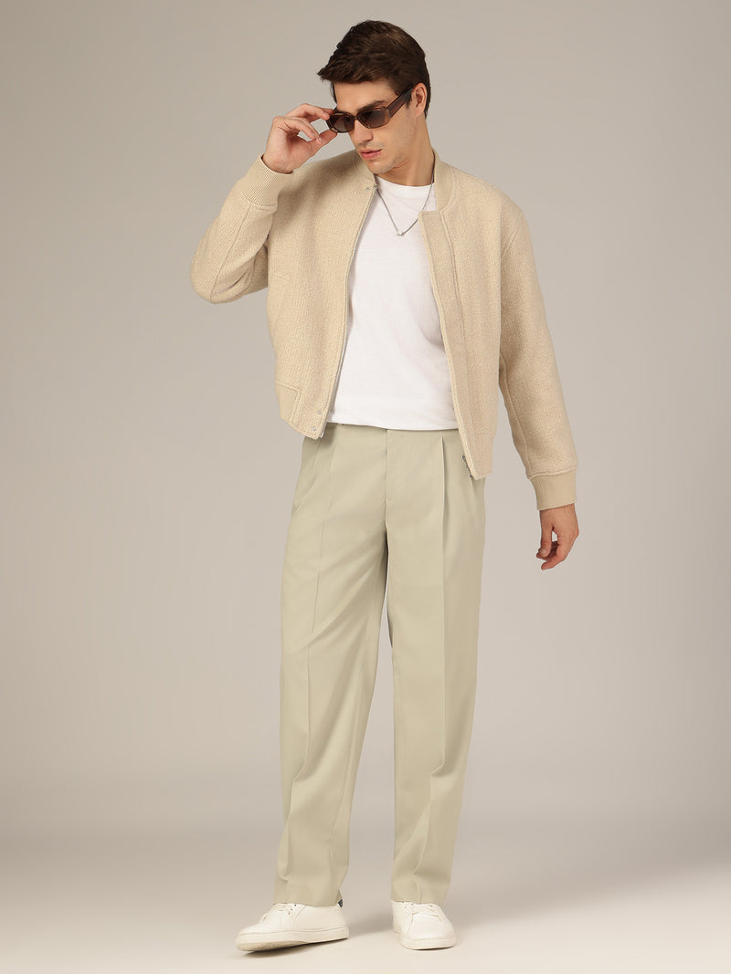 Ash Grey: Korean Textured Baggy Fit Pleated Casual Trouser