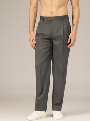 Grey: Korean Textured Baggy Fit Pleated Casual Trouser