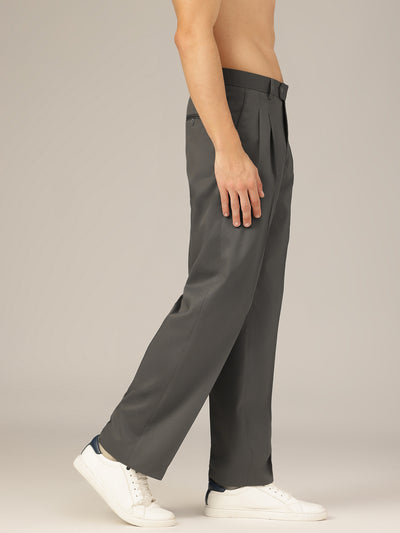 Grey: Korean Textured Baggy Fit Pleated Casual Trouser