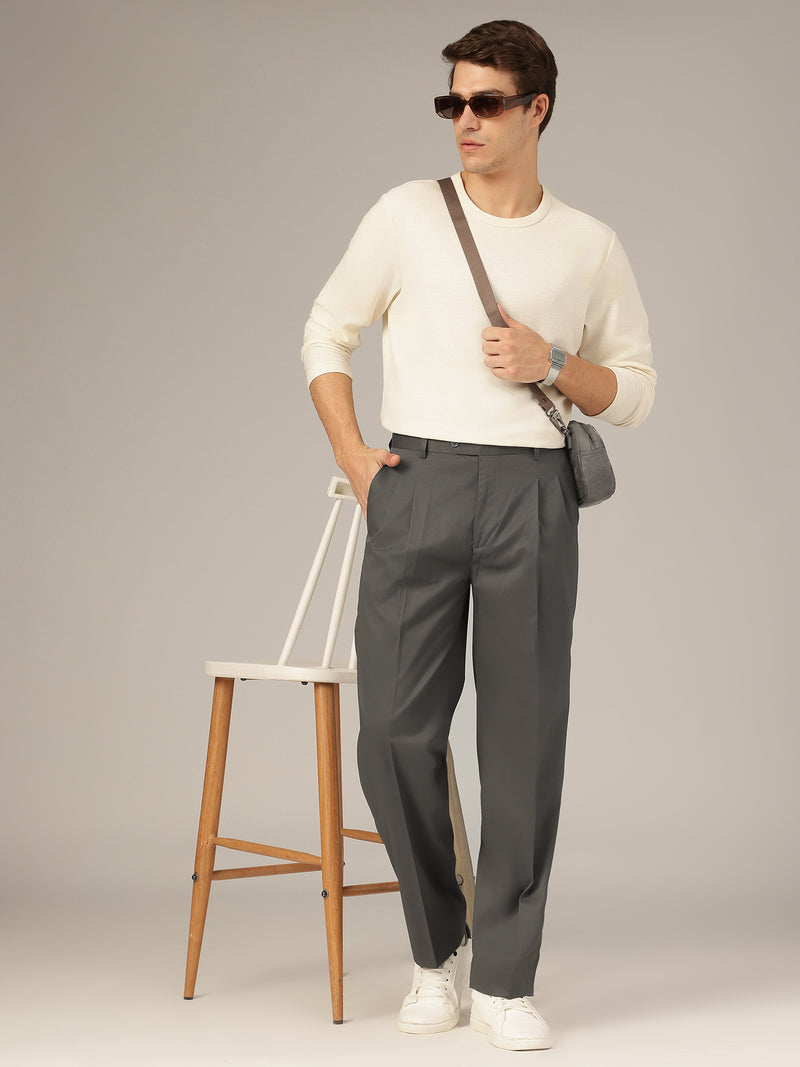 Grey: Korean Textured Baggy Fit Pleated Casual Trouser