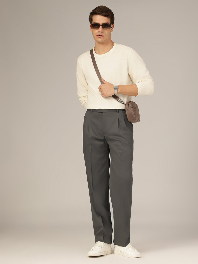 Grey: Korean Textured Baggy Fit Pleated Casual Trouser