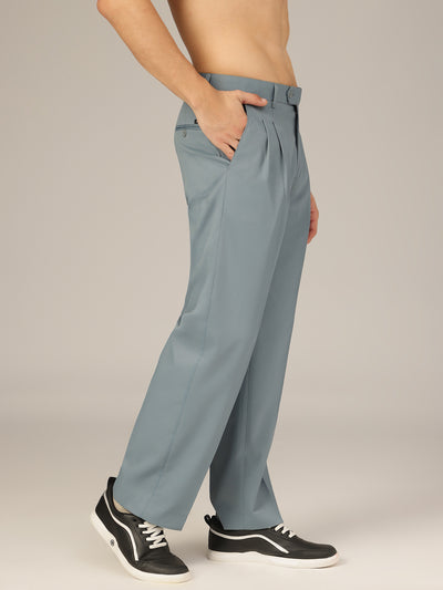 Blue: Korean Textured Baggy Fit Pleated Casual Trouser