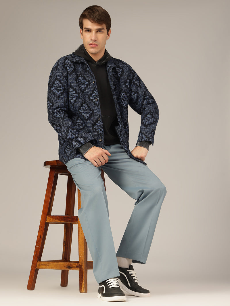 Blue: Korean Textured Baggy Fit Pleated Casual Trouser