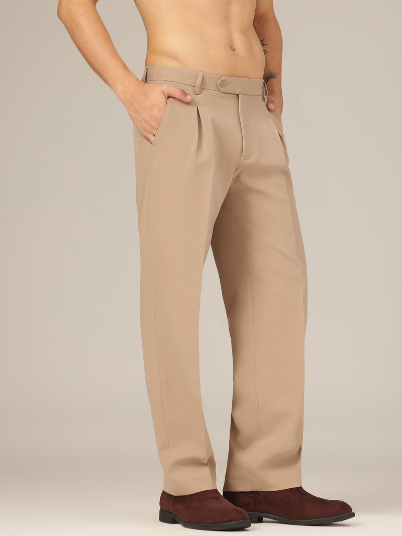Beige: Korean Baggy Fit inverted Pleated Casual Trouser