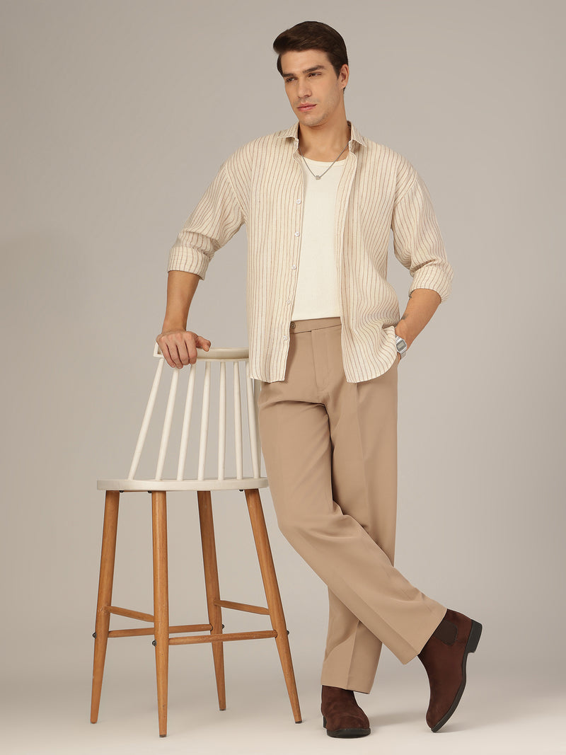 Beige: Korean Baggy Fit inverted Pleated Casual Trouser