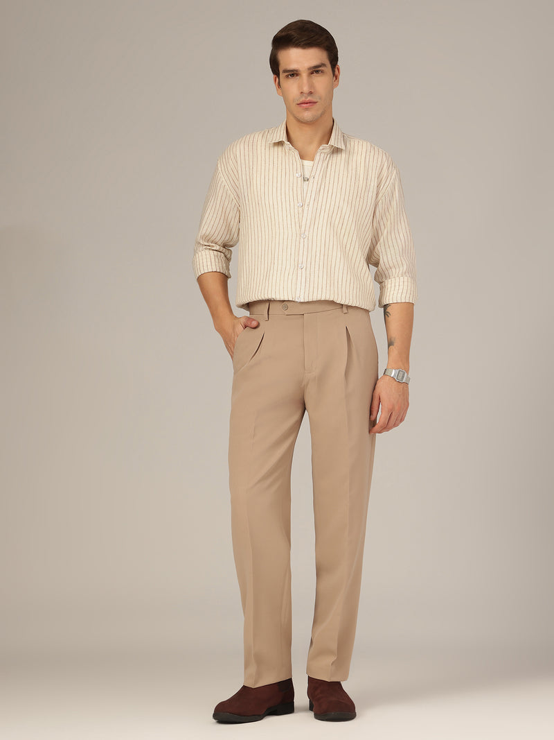 Beige: Korean Baggy Fit inverted Pleated Casual Trouser
