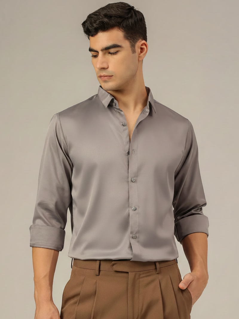 Grey: Premium Party Wear Formal Satin Shirt