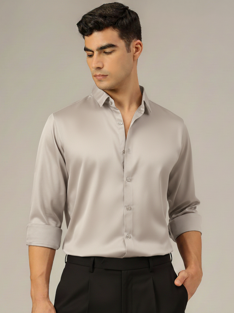 Beige: Premium Party Wear Formal Satin Shirt