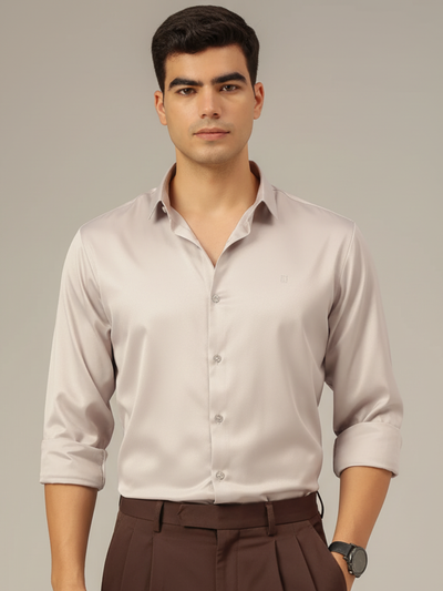 Beige: Premium Party Wear Formal Satin Shirt