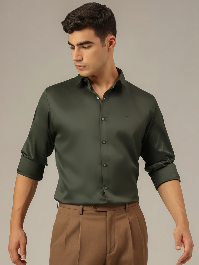 Dark Green: Premium Party Wear Formal Satin Shirt