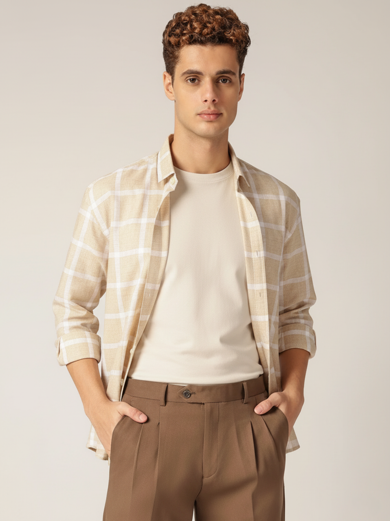 Beige & Cream: Checkered Drop-Shoulder Oversized Casual Shirt
