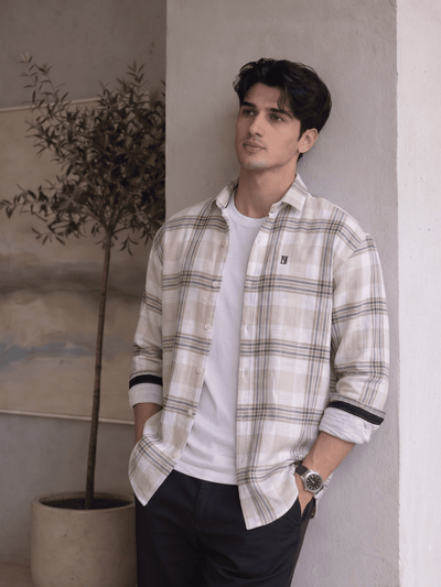 White & Beige: Checkered Drop-Shoulder Oversized Casual Shirt