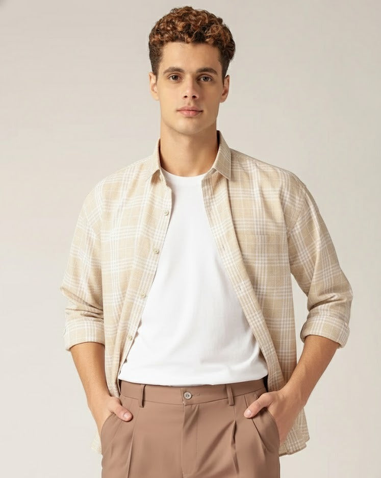 Beige & Cream: Checkered Drop-Shoulder Oversized Casual Shirt