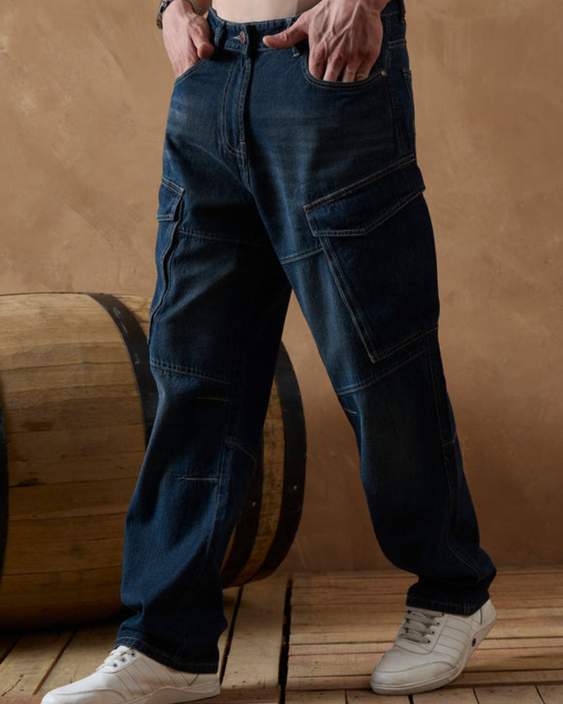 Blue: Baggy Fit Cargo Jeans