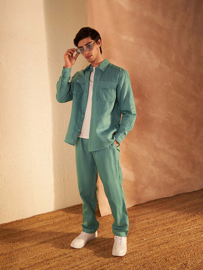 DENNISON Men Green Coord Set | Solid Shirt With Straight Fit Pant