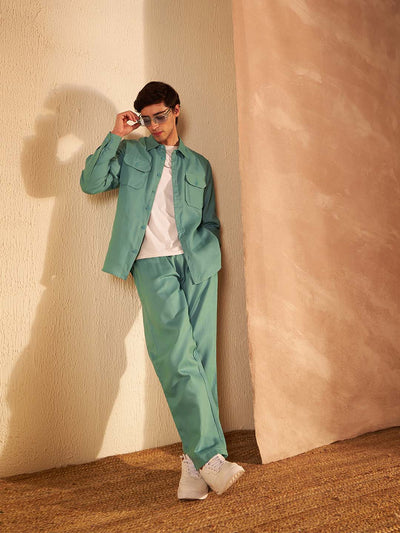 DENNISON Men Green Coord Set | Solid Shirt With Straight Fit Pant