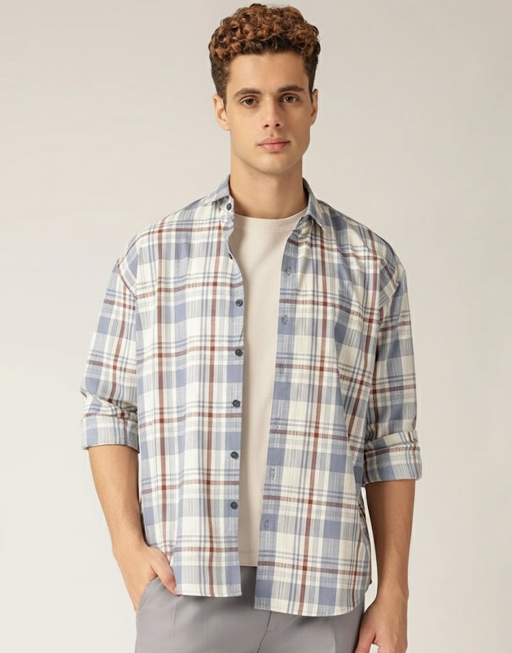 Blue & Cream: Checkered Drop-Shoulder Oversized Casual Shirt
