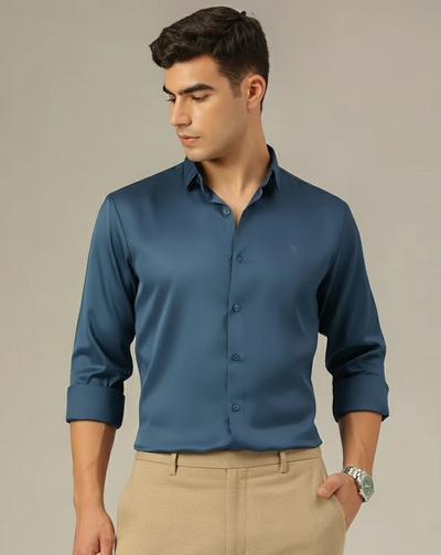 Teal Blue: Premium Party Wear Formal Satin Shirt