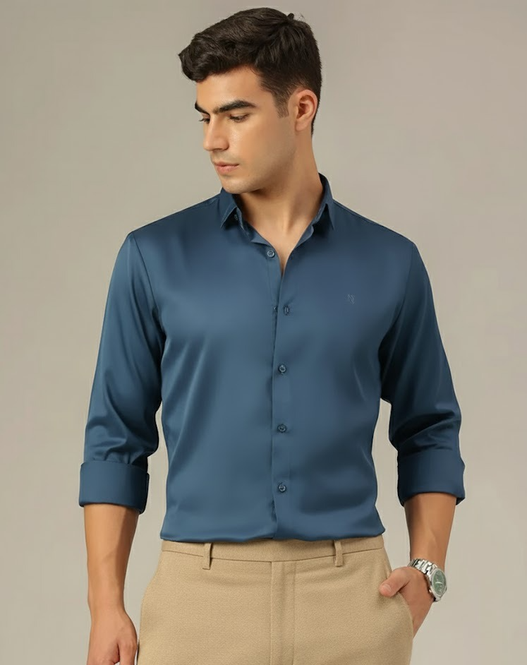 Teal Blue: Premium Party Wear Formal Satin Shirt