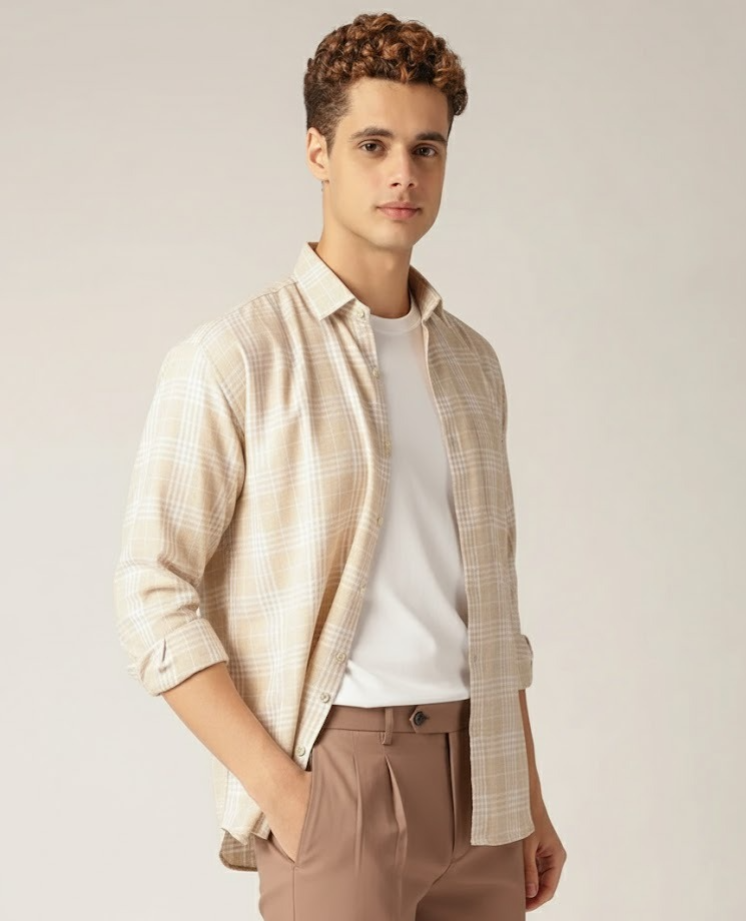 Beige & Cream: Checkered Drop-Shoulder Oversized Casual Shirt