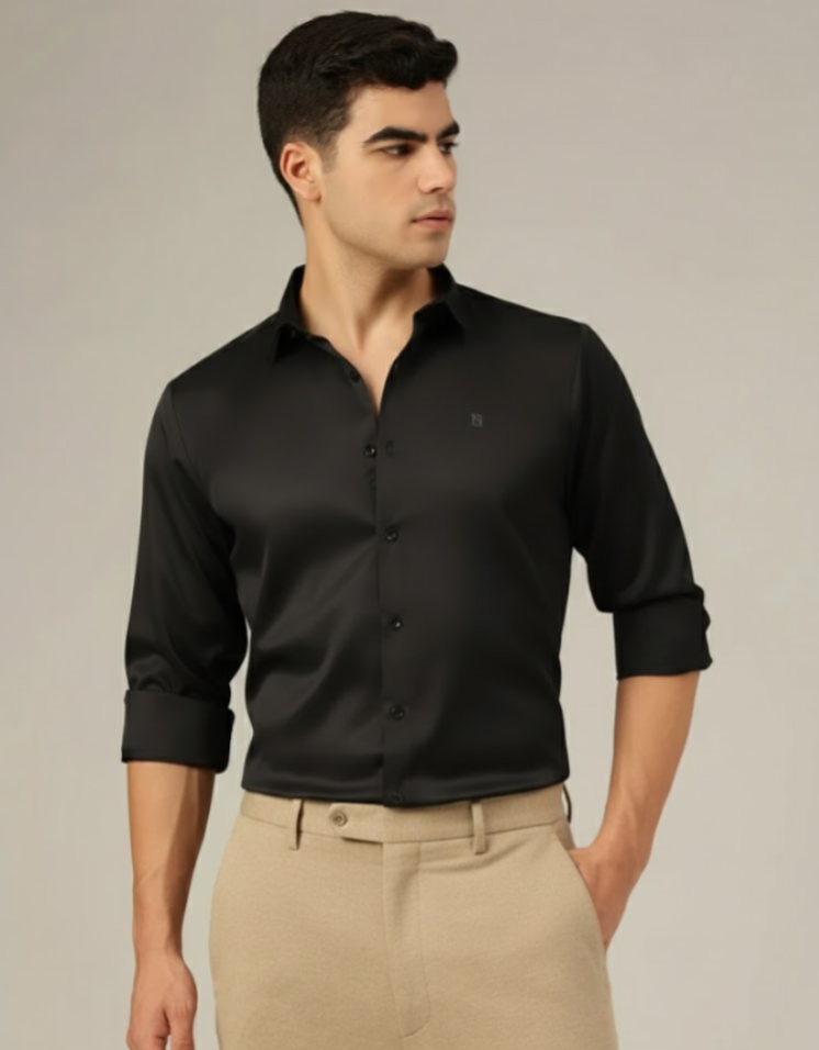 Black: Premium Party Wear Formal Satin Shirt
