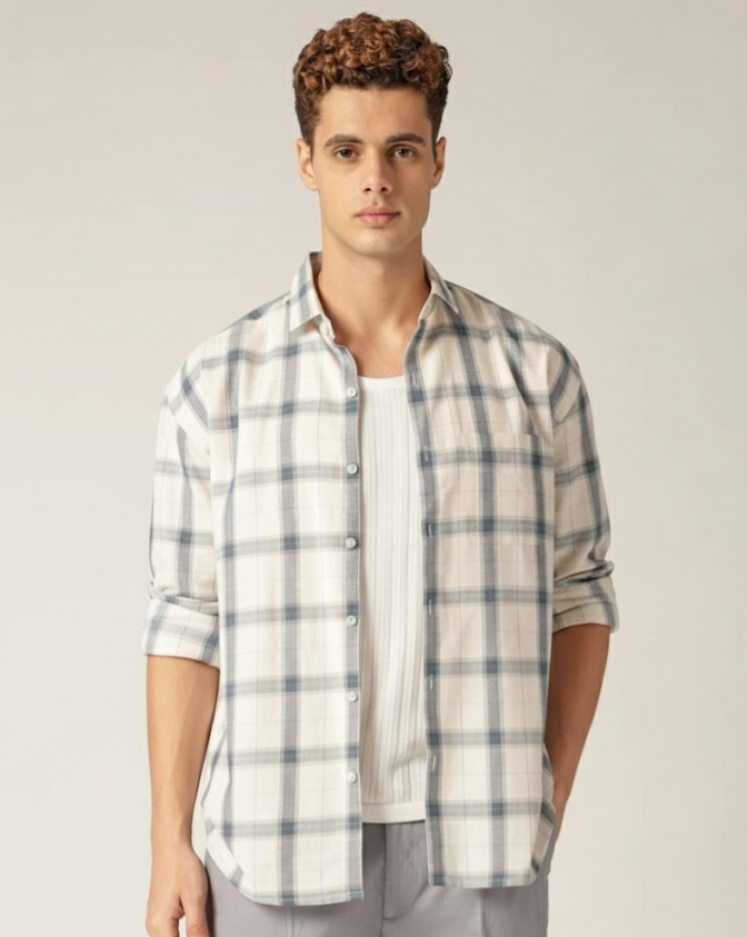 Off White & Blue: Checkered Drop-Shoulder Oversized Casual Shirt