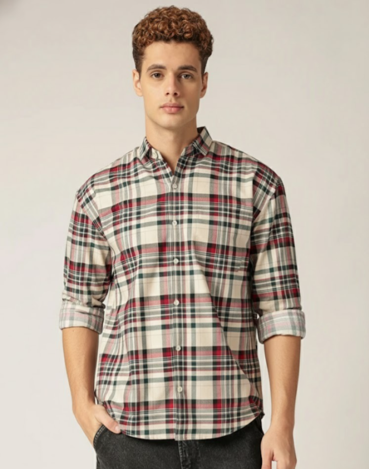 Green & Cream: Checkered Drop-Shoulder Oversized Casual Shirt