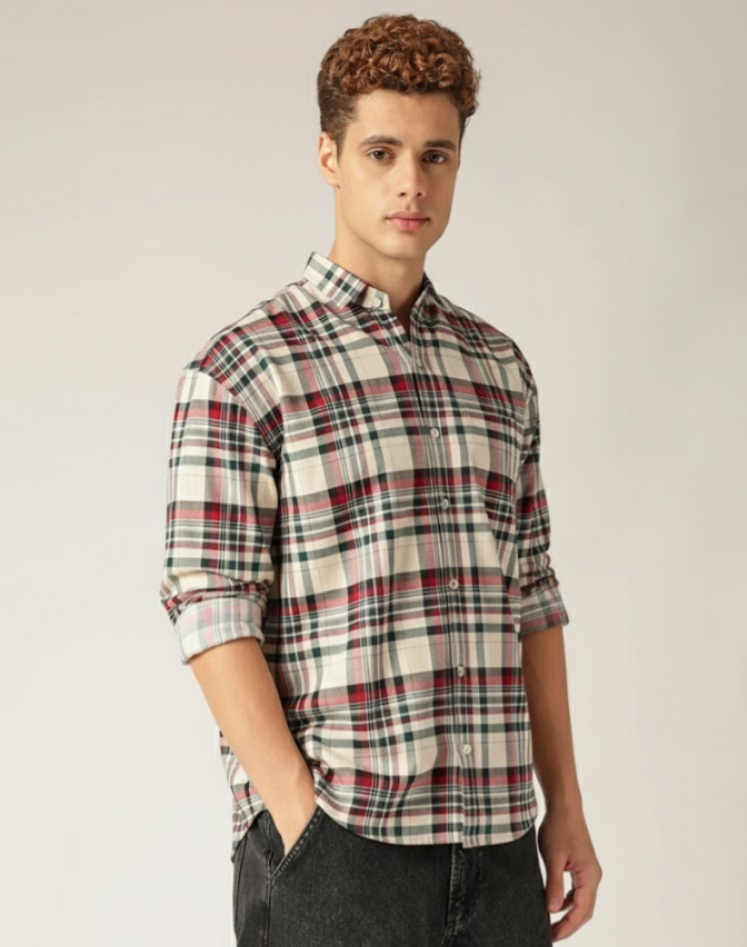 Green & Cream: Checkered Drop-Shoulder Oversized Casual Shirt