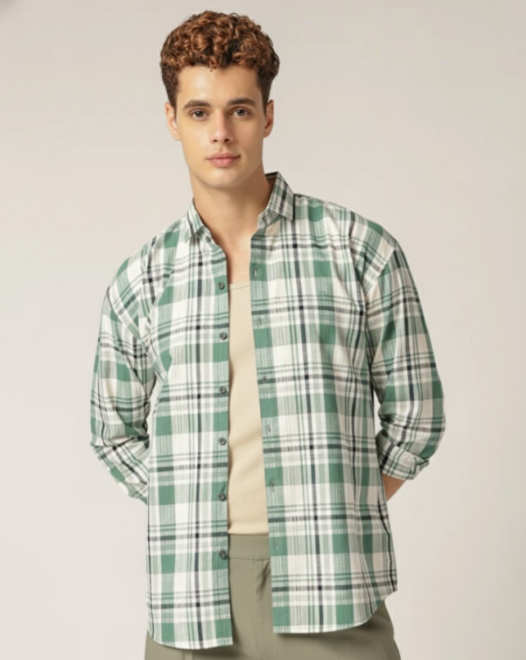 Green & Cream: Checkered Drop-Shoulder Oversized Casual Shirt